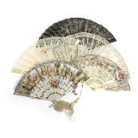 λ SIX FANS 19TH / EARLY 20TH CENTURY comprising: two lace examples, with mother of pearl and bone