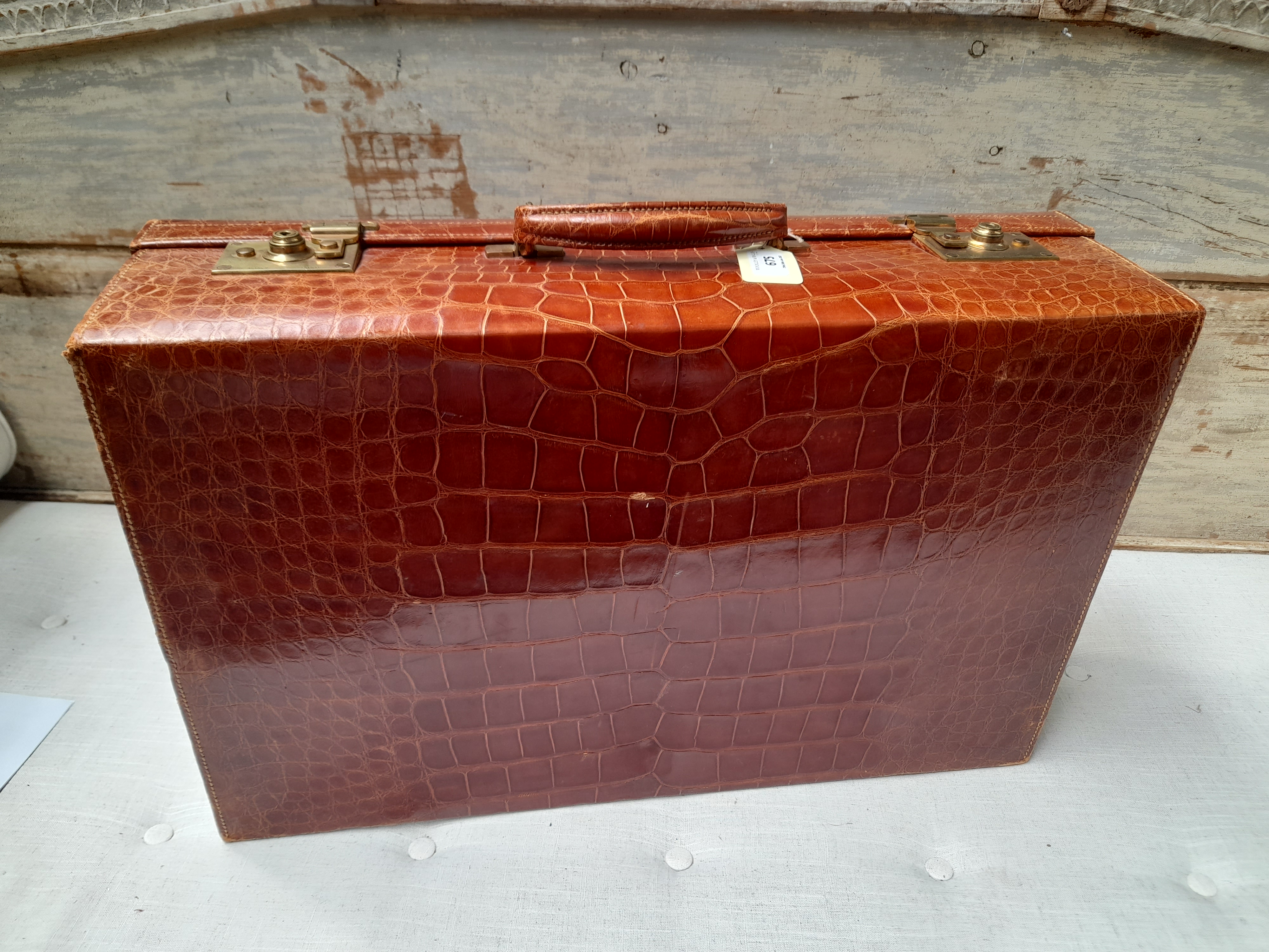 A GEORGE V ASPREYS CROCODILE SUITCASE C.1930 with brown watered silk lined interior, lacking inner - Image 15 of 17