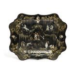 A TOLE TRAY POSSIBLY FRENCH, 19TH CENTURY of cartouche form, with painted and gilt decoration of