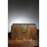 A FRANCO-FLEMISH BURR WALNUT AND GILT BRASS COFFRE FORT EARLY 18TH CENTURY with strapwork mounts and