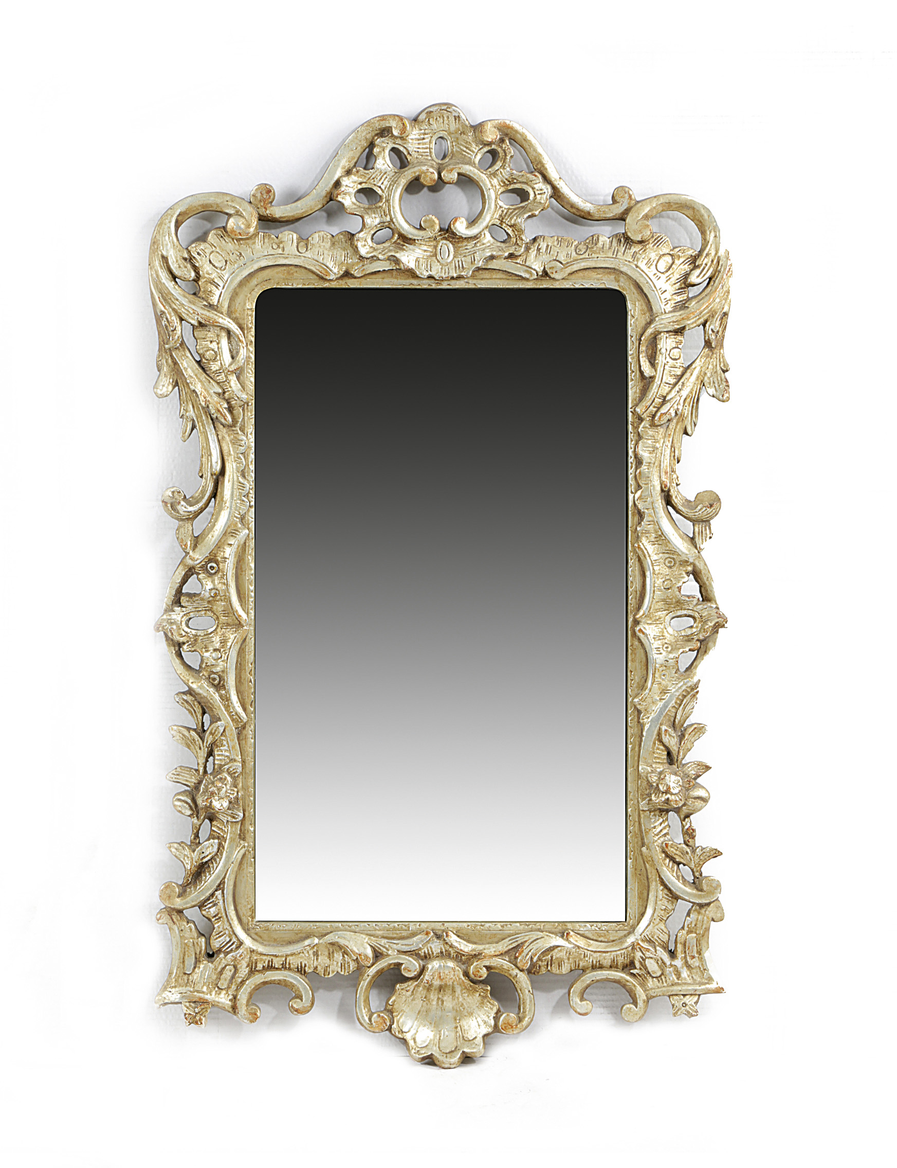 A SILVERED WOOD WALL MIRROR IN GEORGE III STYLE EARLY 20TH CENTURY the frame carved with 'C'