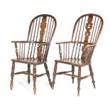 FOUR VICTORIAN ASH AND ELM HIGH BACK WINDSOR ARMCHAIRS LATE 19TH CENTURY three with pierced splat