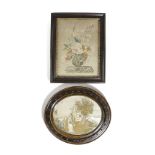 A REGENCY OVAL SILKWORK PICTURE EARLY 19TH CENTURY depicting a lady hurdygurdy player, before a