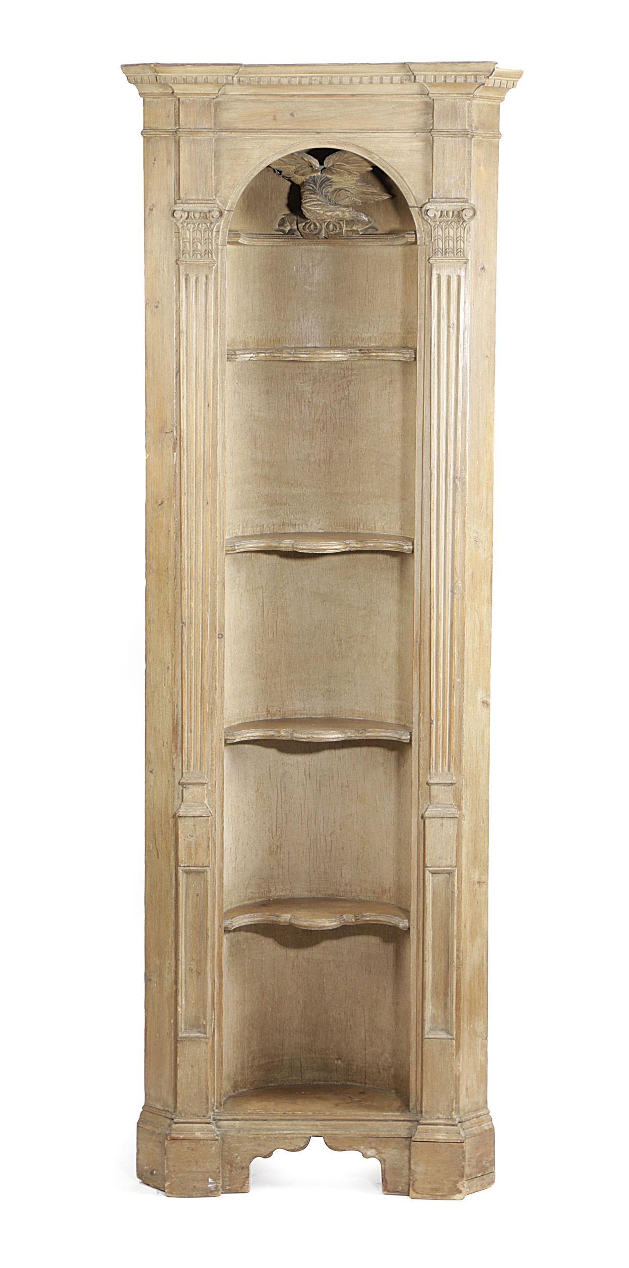 A PINE STANDING CORNER CABINET PROBABLY LATE 18TH / EARLY 19TH CENTURY with an applied carved
