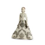 A PEG DOLL OF AN ELIZABETHAN LADY PROBABLY 19TH CENTURY with glass eyes, the head with painted