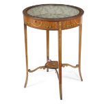 A SHERATON REVIVAL PAINTED SATINWOOD BIJOUTERIE TABLE LATE 19TH CENTURY decorated with floral