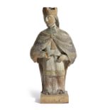 A NORTH EUROPEAN POLYCHROME WOOD FIGURE OF A PRIEST POSSIBLY GERMAN, 13TH / 14TH CENTURY with a