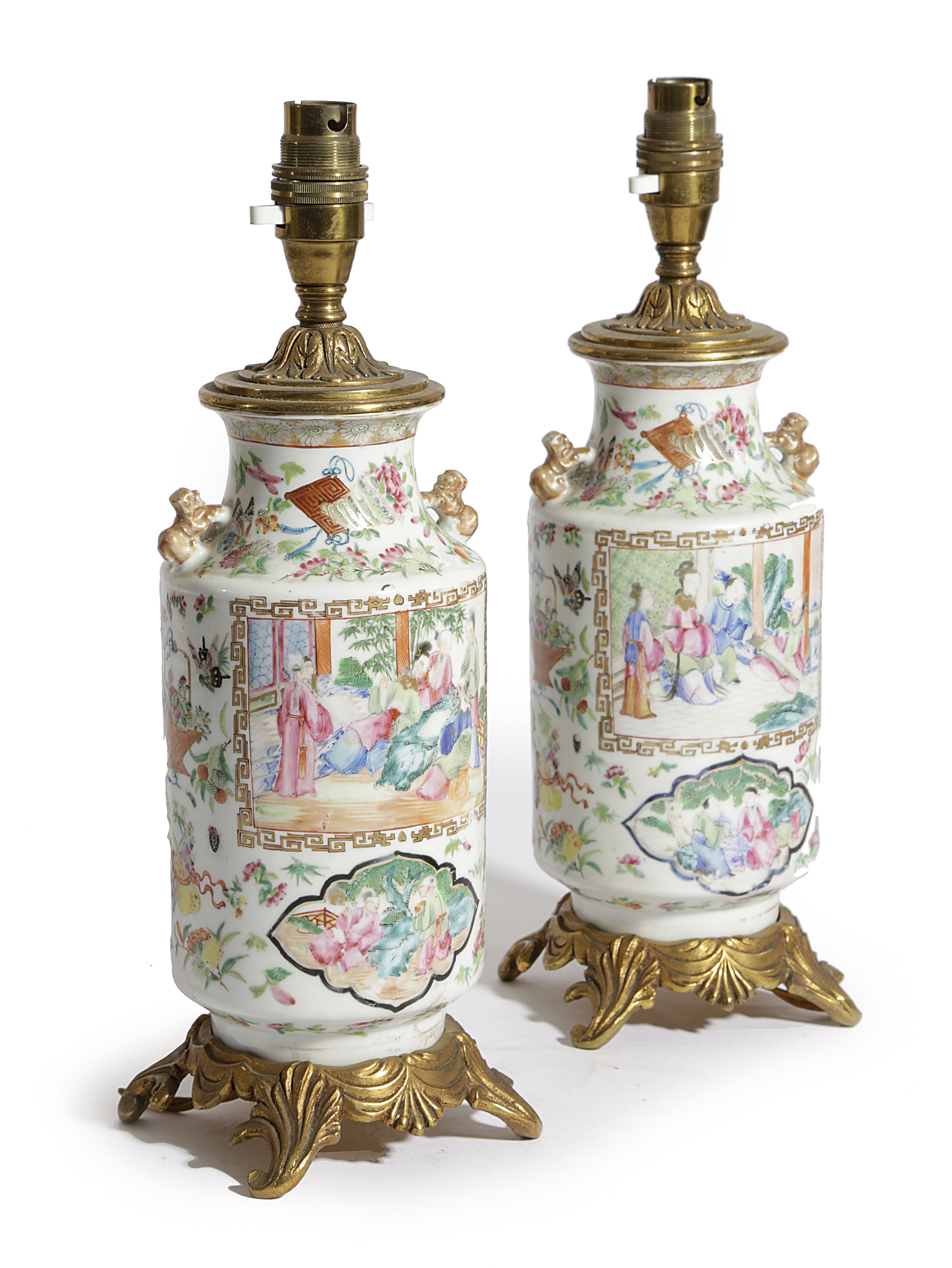 A PAIR OF CHINESE CANTON PORCELAIN FAMILLE ROSE VASE TABLE LAMPS LATE 19TH CENTURY painted with