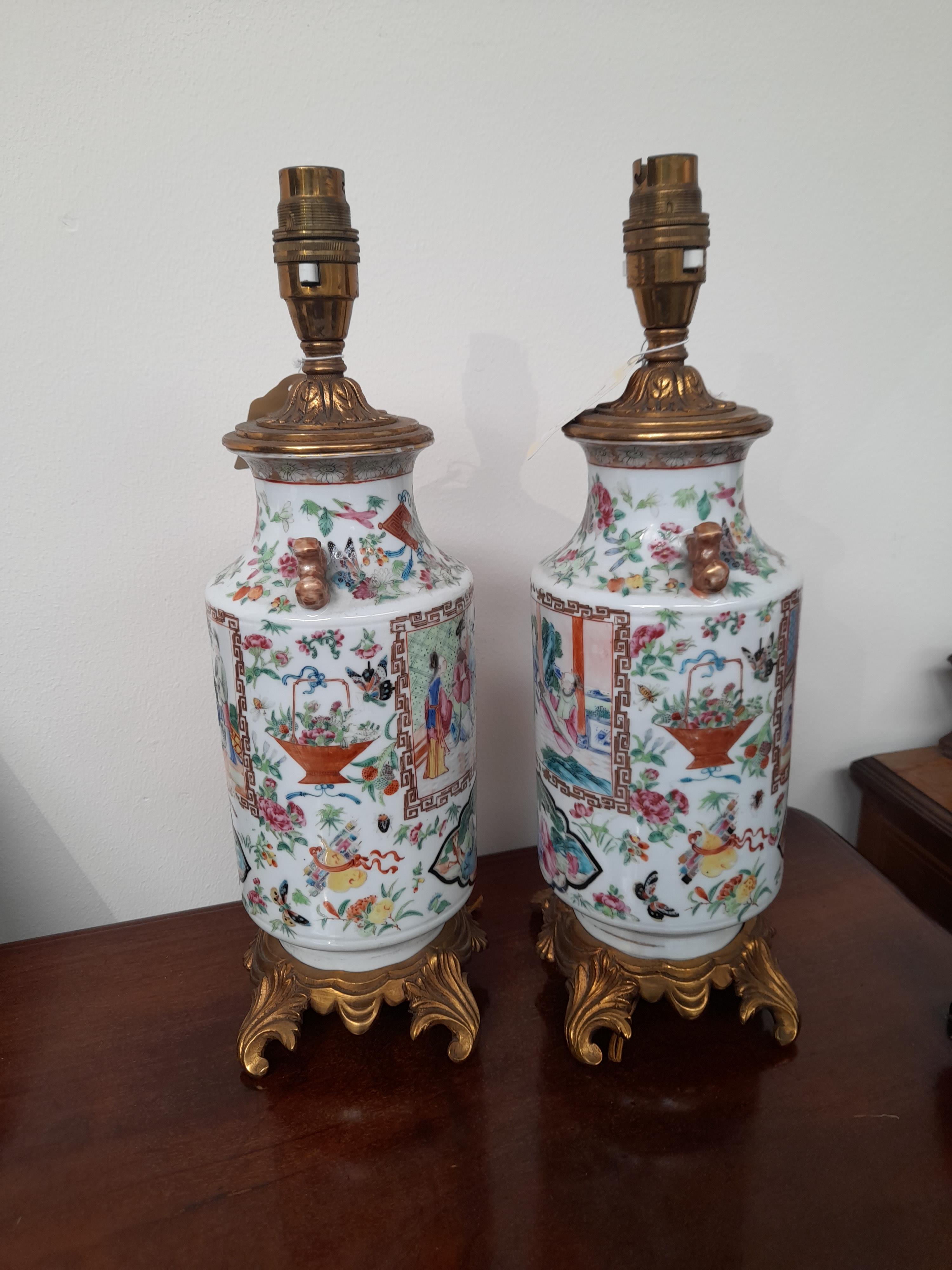 A PAIR OF CHINESE CANTON PORCELAIN FAMILLE ROSE VASE TABLE LAMPS LATE 19TH CENTURY painted with - Image 2 of 9