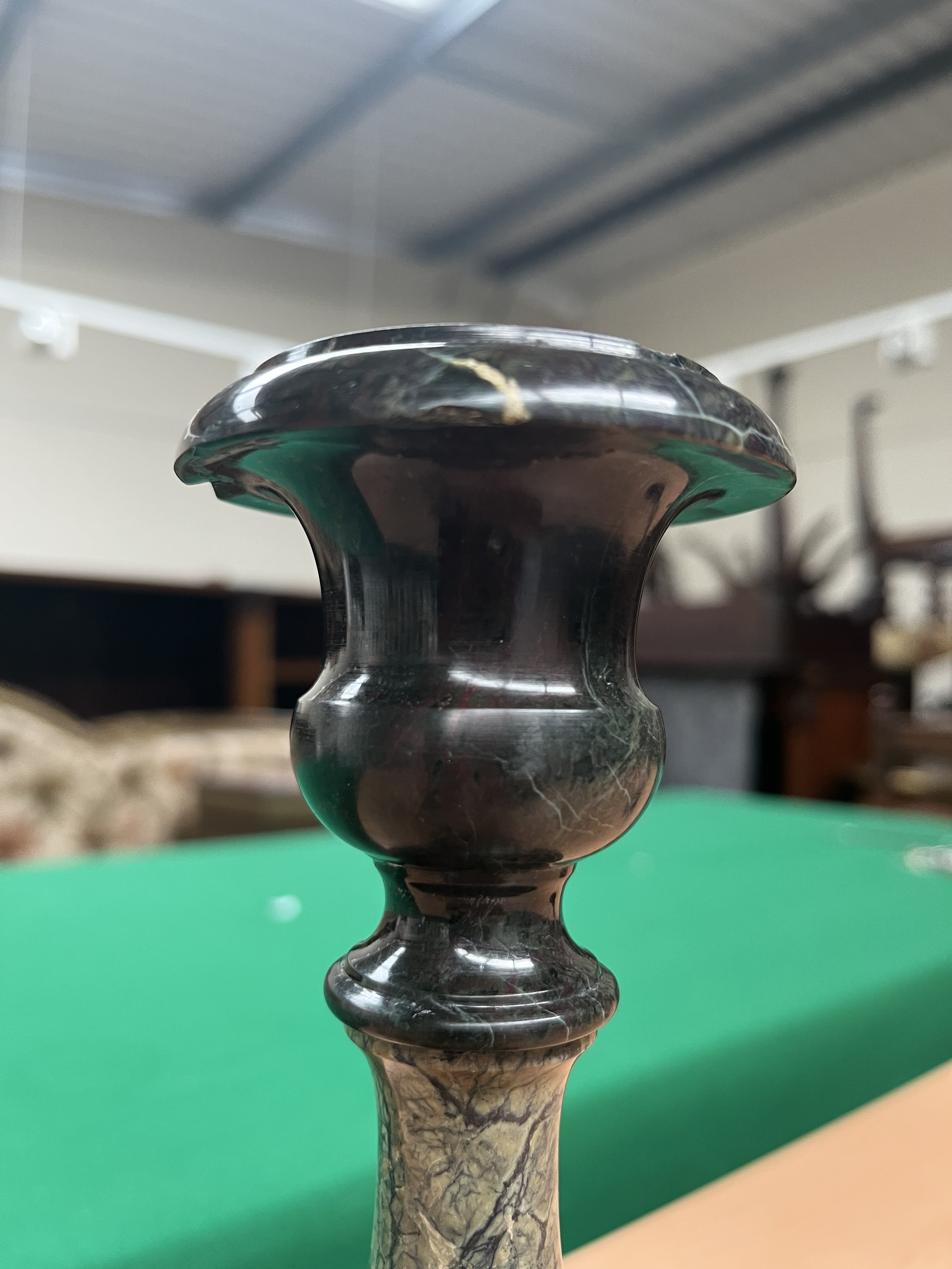 A PAIR OF CORNISH GREEN AND RED SERPENTINE CANDLESTICKS LATE 19TH / EARLY 20TH CENTURY each with - Image 3 of 18