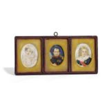 λ NAPOLEON INTEREST. A FRAMED SET OF THREE PORTRAIT MINIATURES MID-19TH CENTURY on ivory, of