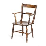 A VICTORIAN ELM 'OXFORD' WINDSOR ARMCHAIR BY STEPHEN HAZELL, C.1850-1870 with turned legs united