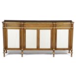 λ A ROSEWOOD AND PARCEL GILT BREAKFRONT SIDE CABINET IN REGENCY STYLE EARLY 20TH CENTURY inlaid with