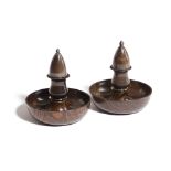 A PAIR OF TREEN 'BRIGHTON BUN' TRAVELLING CANDLESTICKS AND SNUFFERS POSSIBLY ZEBRAWOOD each with