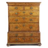 A BURR WALNUT AND OAK CHEST ON CHEST 18TH CENTURY AND LATER ADAPTED with two short and three long