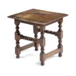 A WALNUT STOOL EARLY 18TH CENTURY the top with a moulded edge and inlaid with stringing, on turned