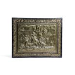 A PAIR OF FRENCH BRASS PANELS OF PASTORAL SCENES LATE 19TH CENTURY titled 'Le Rendez vous de Chaisse