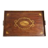 A MAHOGANY, SATINWOOD AND PENWORK RECTANGULAR TRAY MID-19TH CENTURY with a marquetry inlaid