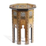 A MOORISH WALNUT AND MOTHER OF PEARL OCTAGONAL OCCASIONAL TABLE POSSIBLY RETAILED BY LIBERTY'S, LATE