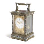 A FRENCH BRASS AND CHAMPLEVE ENAMEL CARRIAGE CLOCK LATE 19TH CENTURY the brass eight day repeating