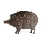 A FOLK ART CARVED WOOD PIG SHOP OR TAVERN SIGN with an iron tail and suspension rings, inscribed