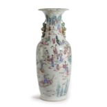 A CHINESE CANTON PORCELAIN FAMILLE ROSE VASE 19TH CENTURY painted with figures on a bridge above