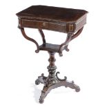 λ A CONTINENTAL ROSEWOOD WORK TABLE MID-19TH CENTURY with ripple mouldings, the hinged lid revealing