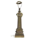 A BRONZE AND COPPER MOUNTED TABLE LAMP LATE 19TH CENTURY of obelisk form, applied scenes of bull