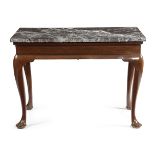 A GEORGE II RED WALNUT SIDE TABLE C.1740 with a later marble top above a plain frieze, on cabriole
