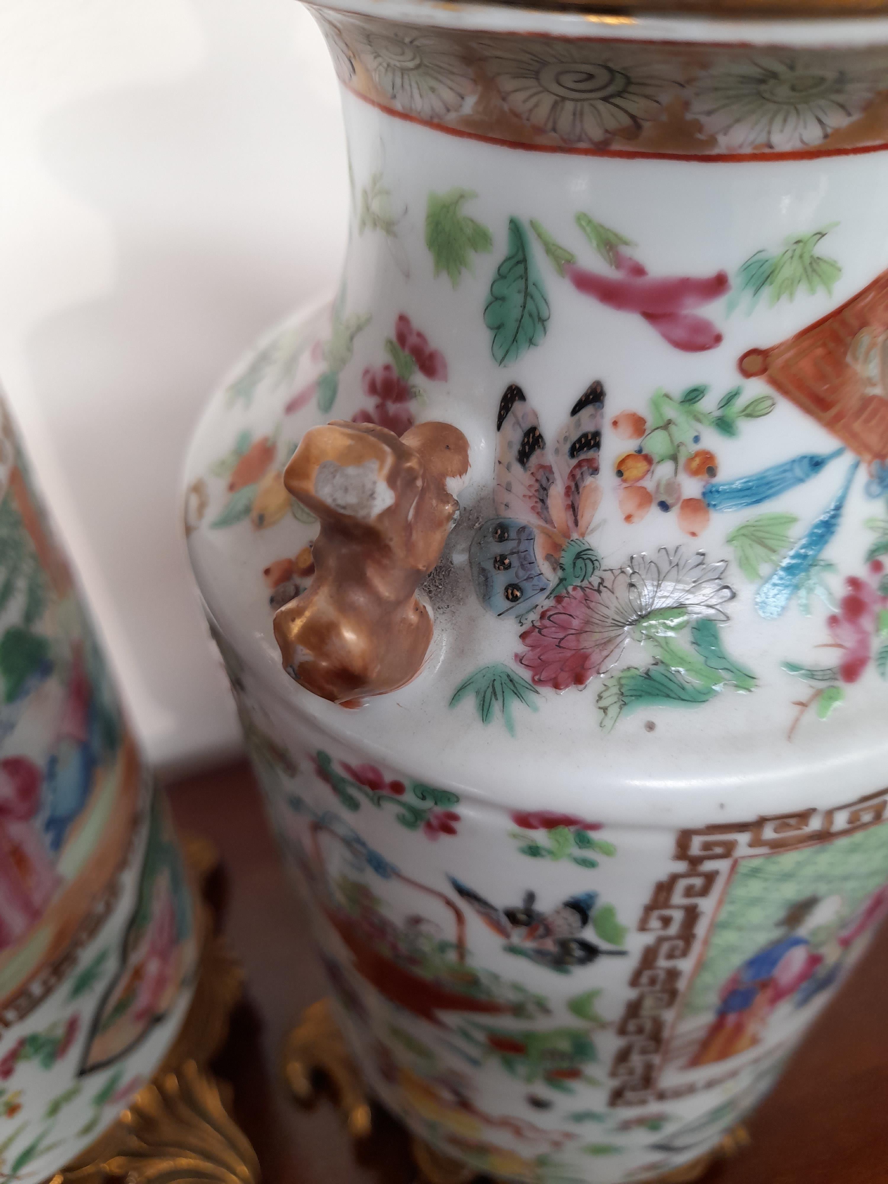 A PAIR OF CHINESE CANTON PORCELAIN FAMILLE ROSE VASE TABLE LAMPS LATE 19TH CENTURY painted with - Image 5 of 9