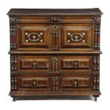 λ A CHARLES II OAK, WALNUT AND SNAKEWOOD CHEST C.1680 in two halves, with applied split mouldings,