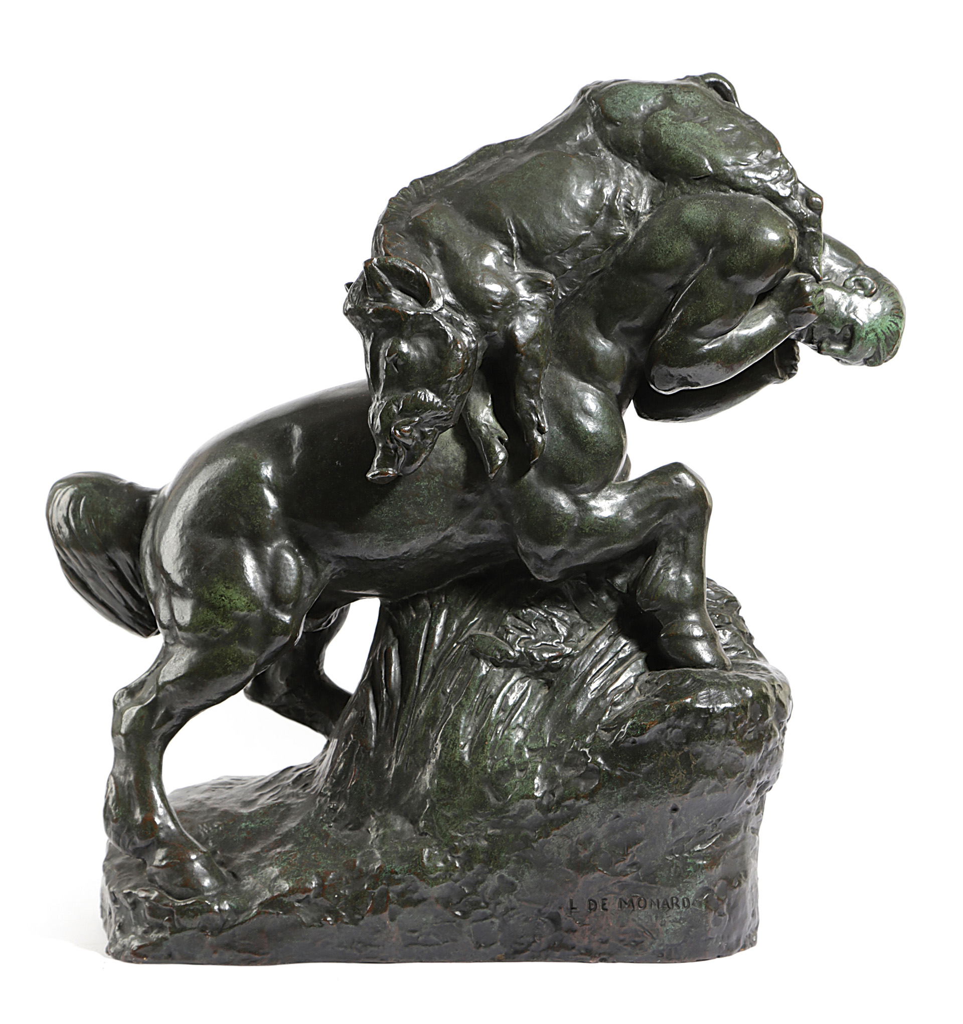 A FRENCH BRONZE GROUP OF A CENTAUR AND A WILD BOAR BY LOUIS DE MONARD (FRENCH 1873-1939) with a