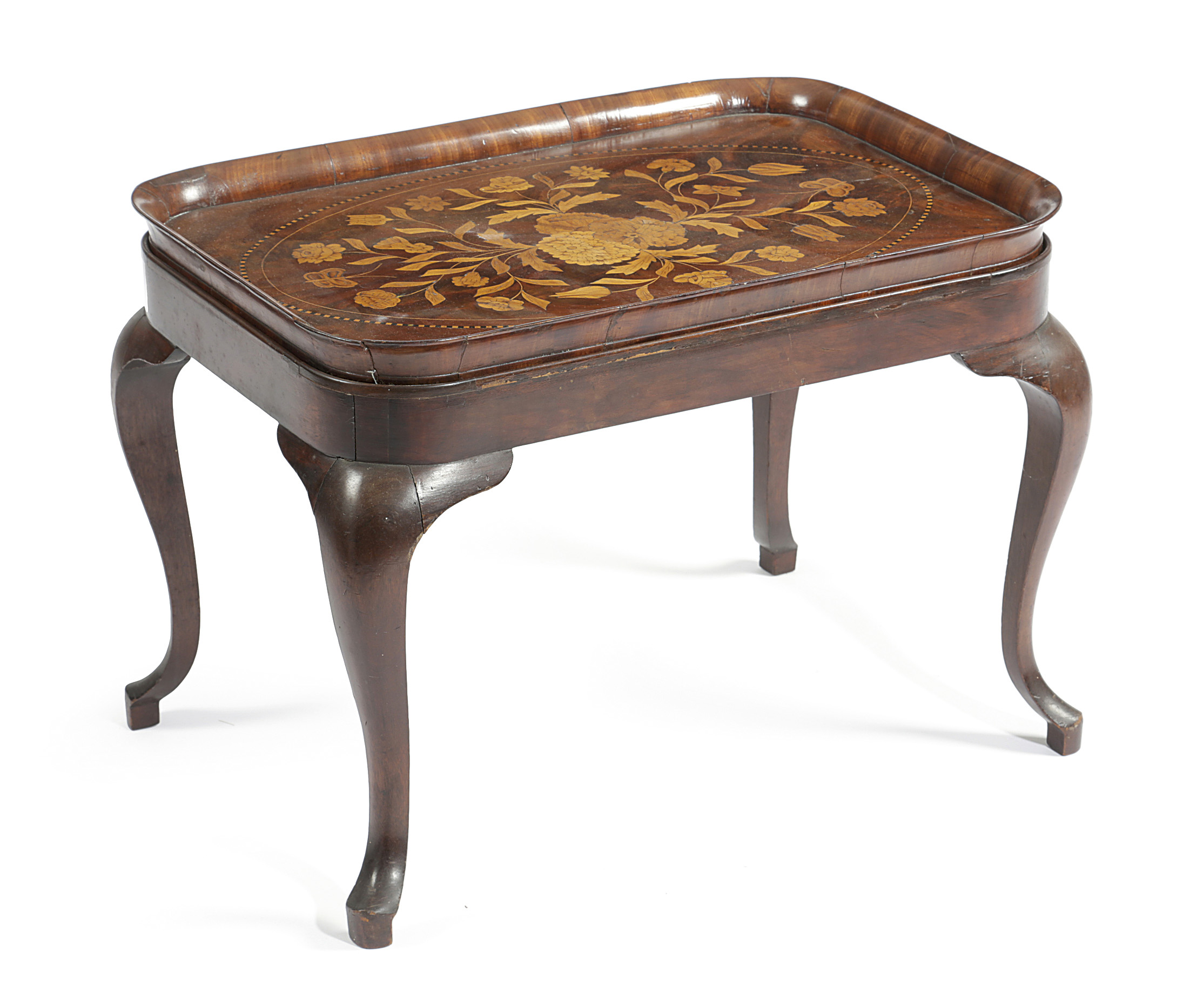 A DUTCH MAHOGANY AND MARQUETRY TRAY TABLE 19TH CENTURY the lift-off top inlaid with flowers and