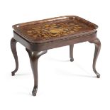 A DUTCH MAHOGANY AND MARQUETRY TRAY TABLE 19TH CENTURY the lift-off top inlaid with flowers and