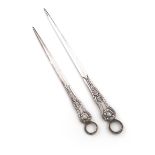 A pair of Victorian graduated silver King's pattern meat skewers, by George Adams, London 1842,