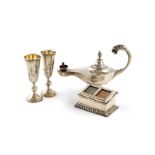 A mixed lot of silver items, comprising: a late-Victorian silver double stamp box, rectangular form,