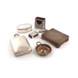 A mixed lot of silver items, various dates and makers, comprising: a hip flask of rectangular