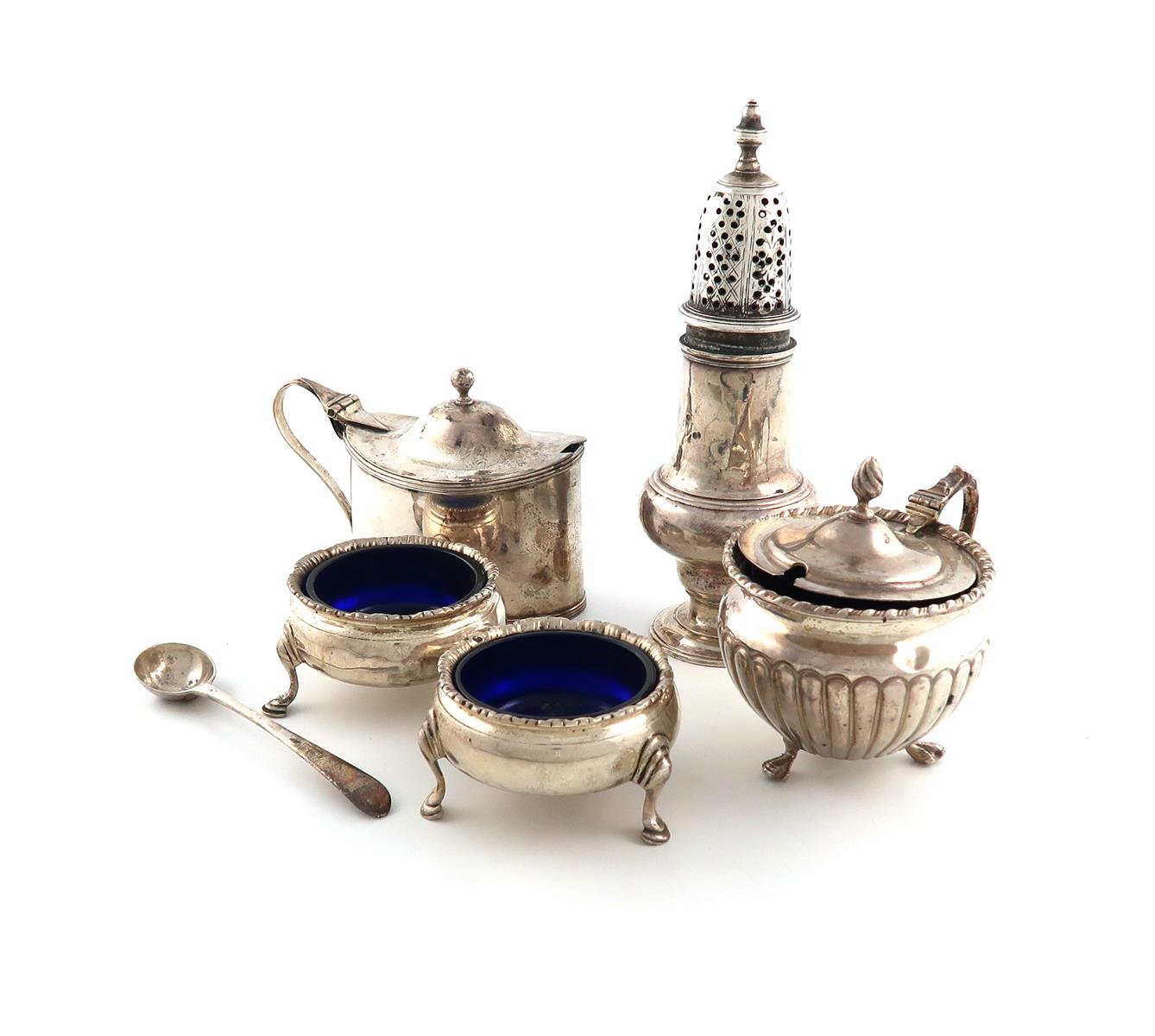 A mixed lot of silver items, various dates and makers, comprising: a George III mustard pot, by