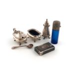 A mixed lot, comprising silver items: a Victorian blue glass scent bottle, the hinged cover and