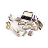 A mixed lot of silver items, various dates and makers, comprising: a pair of George III Bright-cut