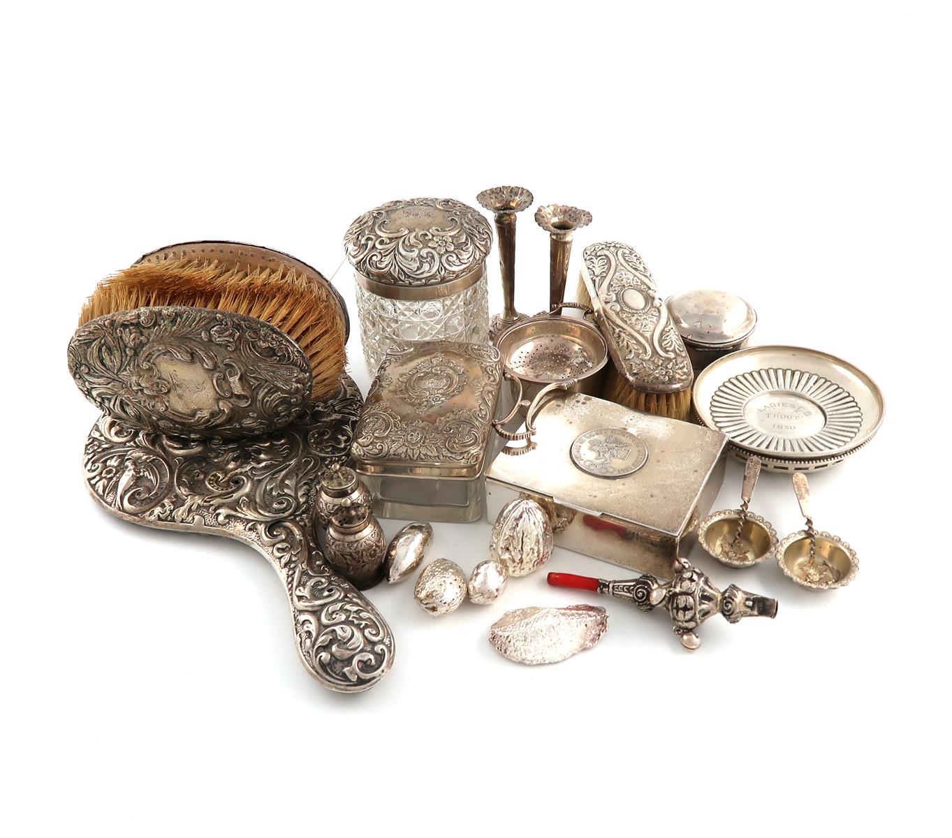 λA mixed lot of silver items, various dates and makers, comprising: a Victorian baby's rattle with a
