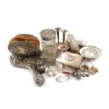 λA mixed lot of silver items, various dates and makers, comprising: a Victorian baby's rattle with a