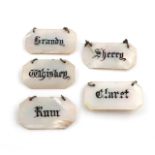 A set of five late Victorian mother-of-pearl wine labels, unmarked, rectangular form, canted