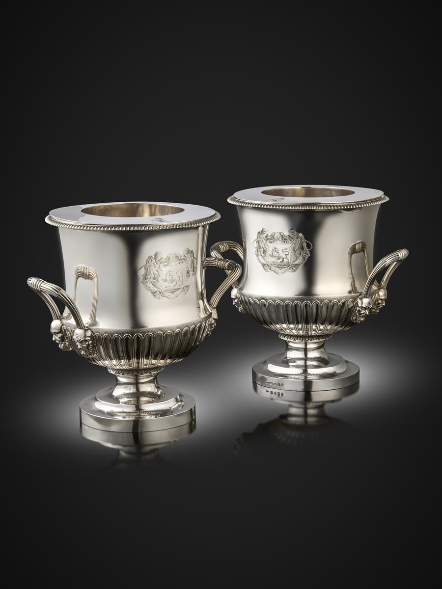 A pair of George III silver two-handled wine coolers, by William Frisbee, London 1807, circular