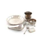 A mixed lot of silver items, various dates and makers, comprising: a George II strawberry dish,