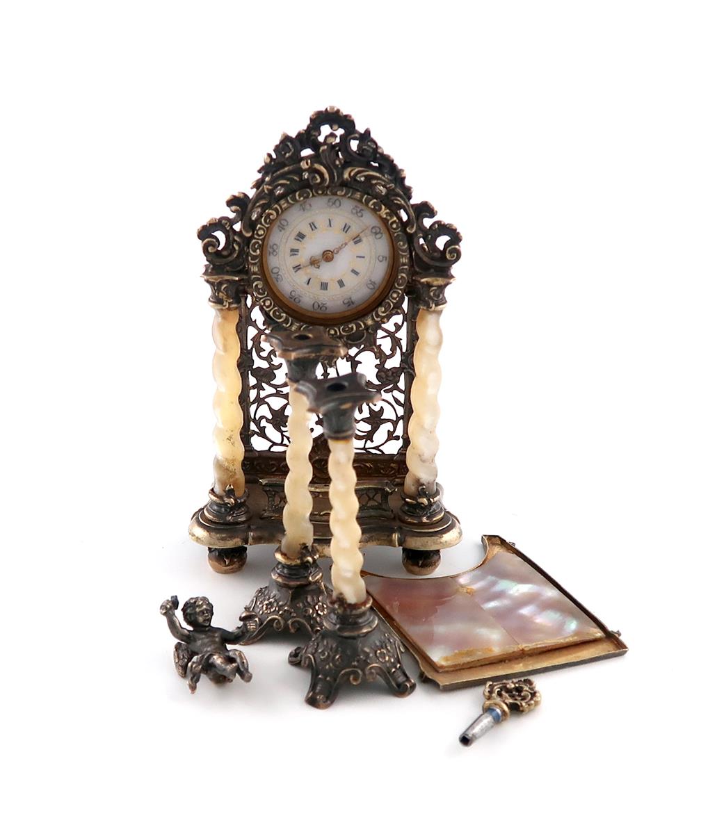 A late-Victorian silver-gilt and mother-of-pearl clock, with import marks for London 1891,