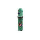 A Staffordshire enamel scent bottle case, cylindrical form, decorated with flowers on a green