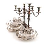 A set of three Victorian electroplated entree dishes and covers, shaped oblong form, foliate
