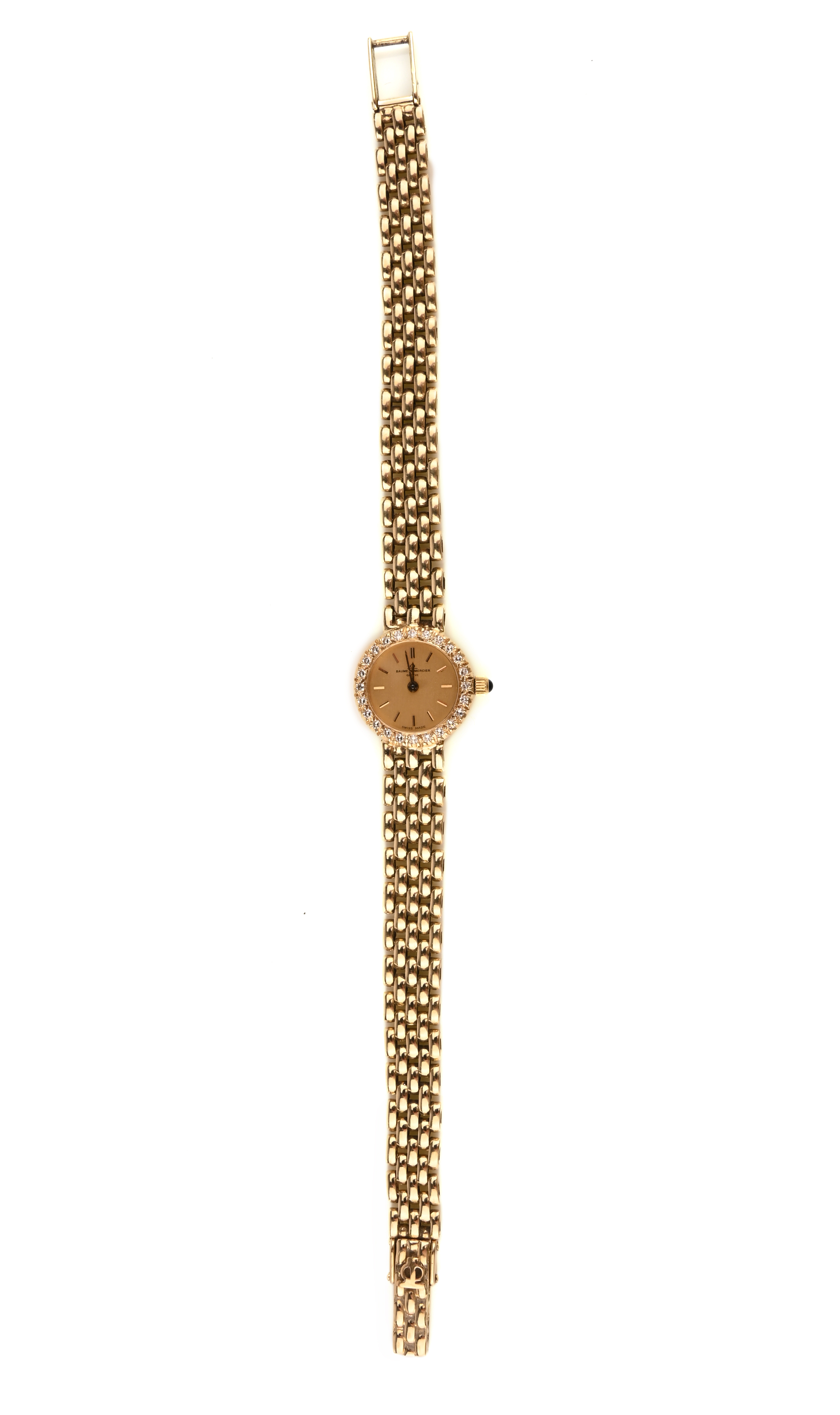 A lady's 14ct gold and diamond wristwatch, Baume & Mercier, the circular gold dial with baton