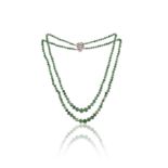 An emerald bead and diamond necklace, composed of a double row of graduated emerald beads